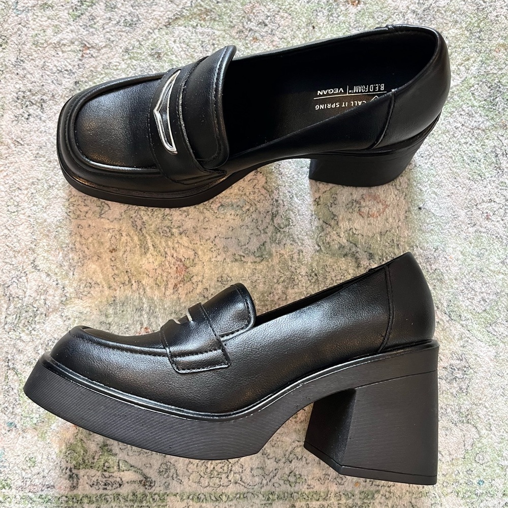 Black Vegan Leather Block Heel Loafers